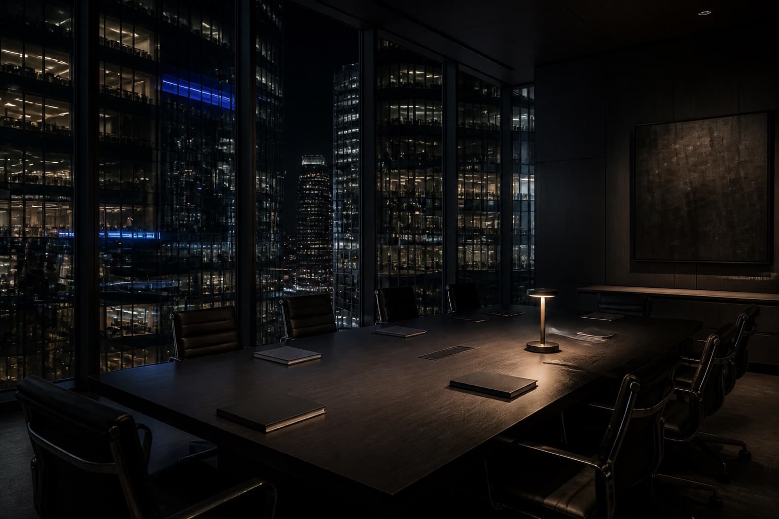 Empty executive conference room at night with the city visible through glass
